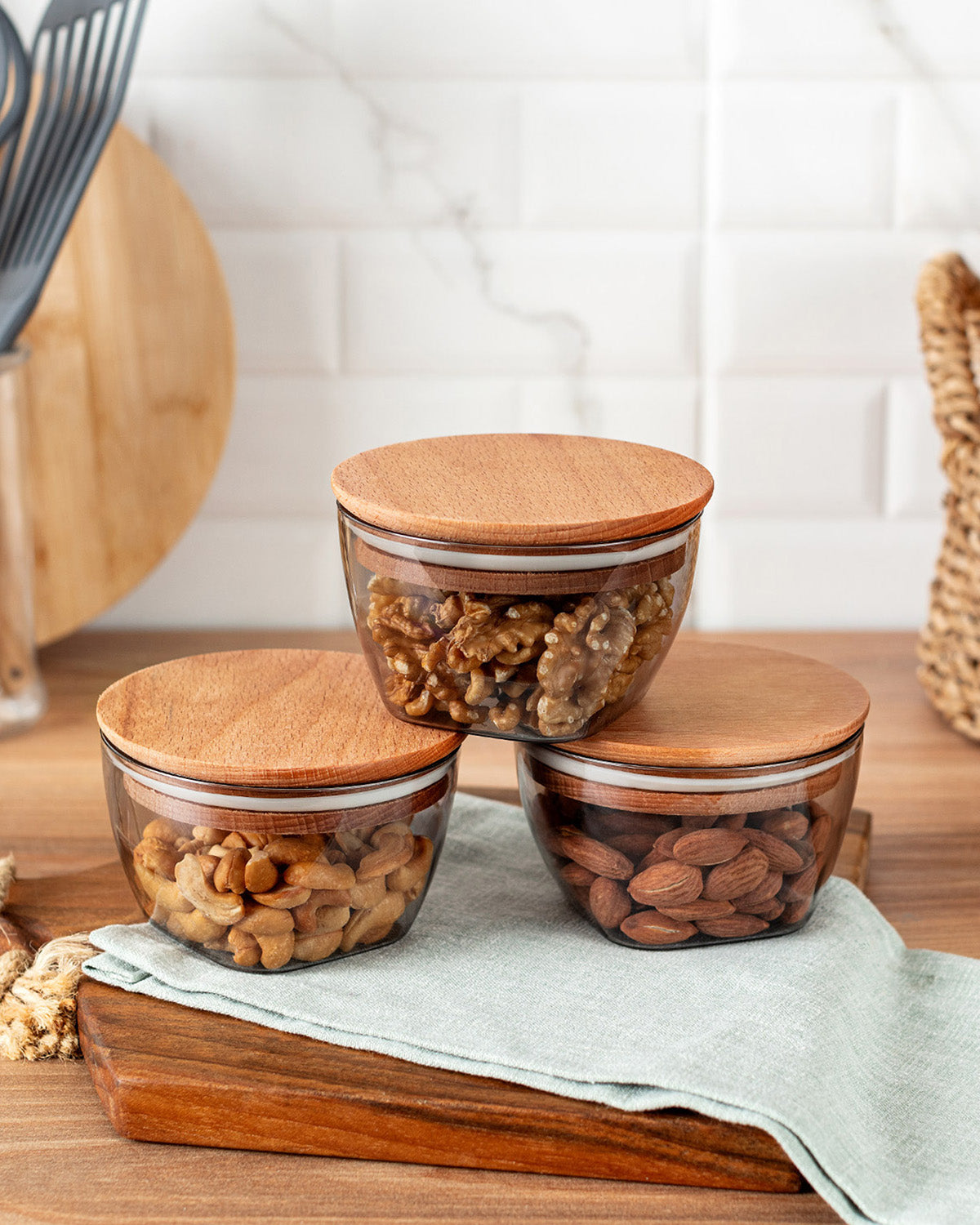 Storage Box With Wooden Lid 380ml 3pcs - Madame Coco JO