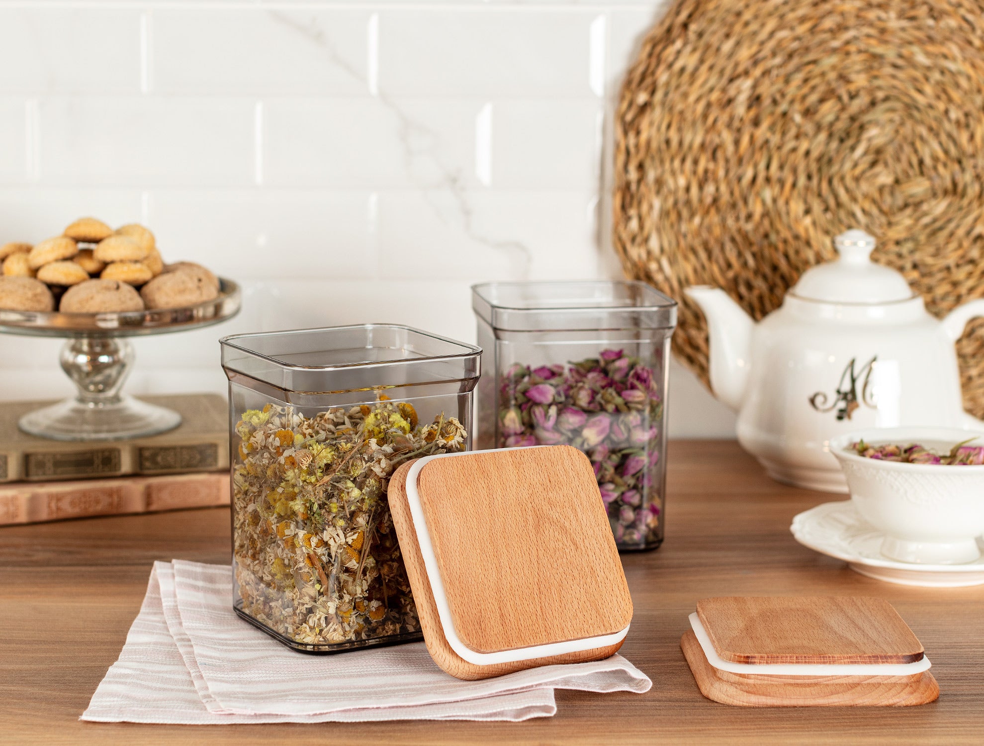 Storage Box With Wooden Lid 1000ml 2pcs - Madame Coco JO