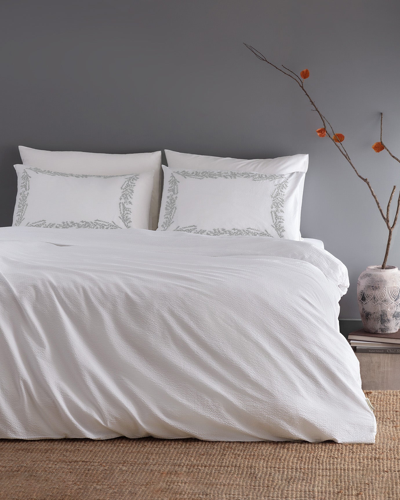 Linda King Size Duvet Cover Set - Embroidered Washed Seersucker - Madame Coco JO