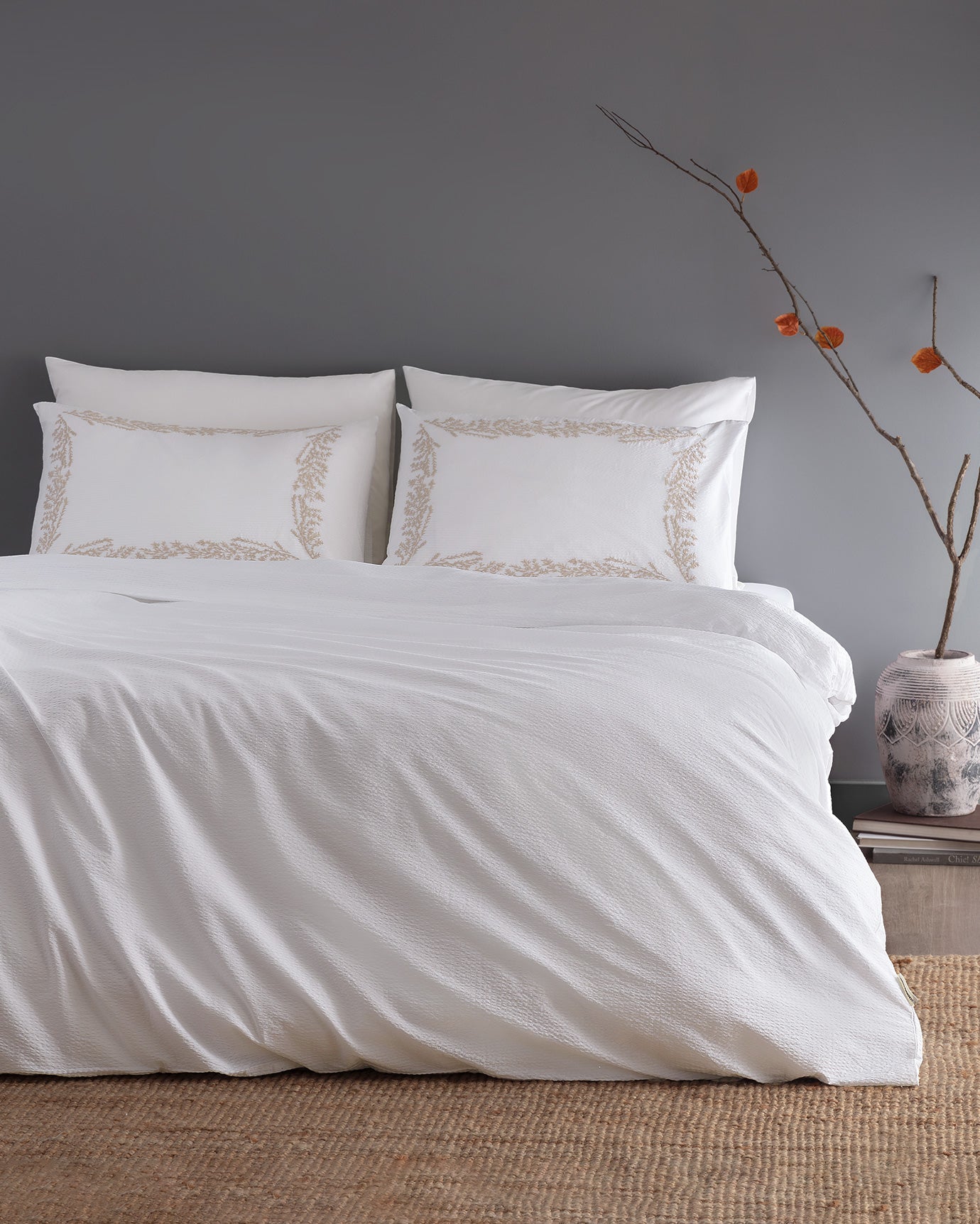 Linda King Size Duvet Cover Set - Embroidered Washed Seersucker - Madame Coco JO