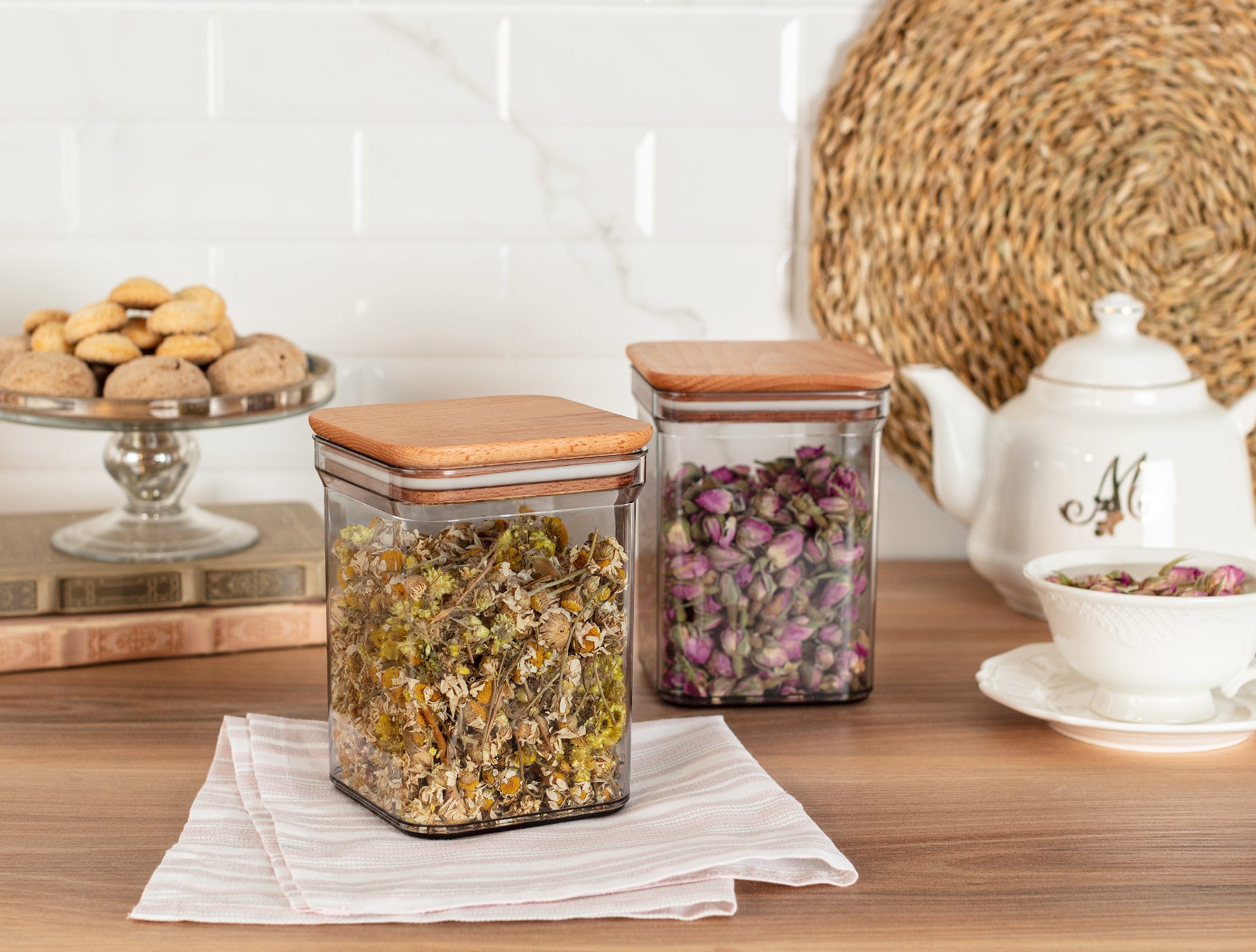 Storage Box With Wooden Lid 1000ml 2pcs - Madame Coco JO